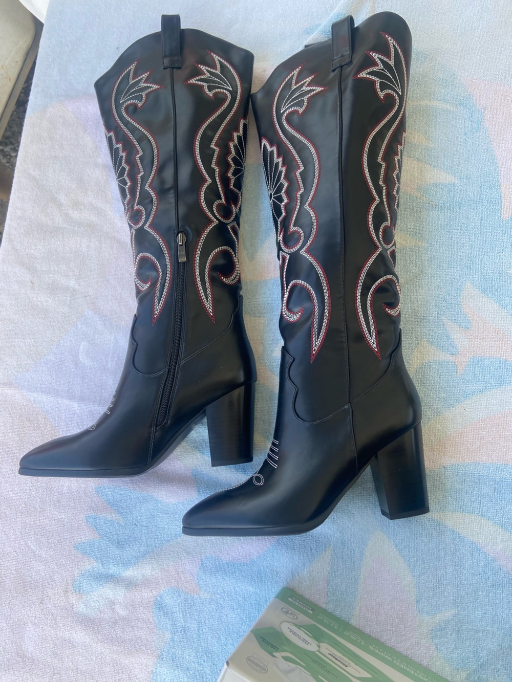 Black Embroidered Western Knee-High Boots